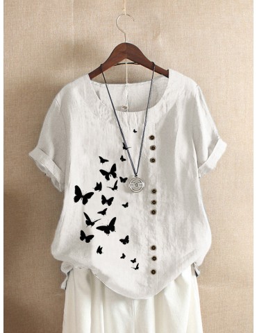 Butterflies Print Button Short Sleeve Casual T-shirt For Women