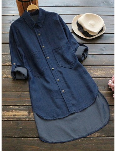 Denim Irregular Solid Color Long Sleeve Button Casual Shirts