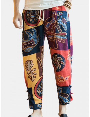 Mens Ethnic Style Printed Loose Wide Leg Pants Casual Baggy Cotton Harem Pants