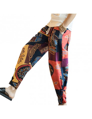 Mens Ethnic Style Printed Loose Wide Leg Pants Casual Baggy Cotton Harem Pants