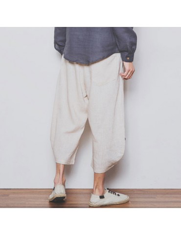Mens Breathable Cotton Linen Calf Length Harem Pants Baggy Loose Drawstring Casual Shorts