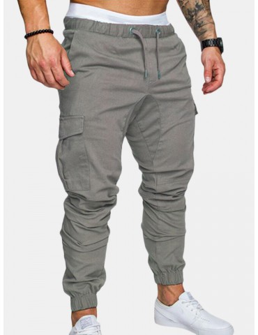 Mens Multi-pocket Cargo Pants Elastic Waist Slim Fit Solid Color Casual Trousers