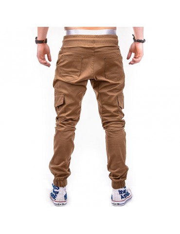 Mens Multi-pocket Cargo Pants Elastic Waist Drawstring Slim Fit Solid Color Casual Trousers