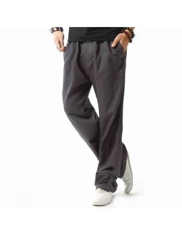 Mens Casual Breathable Cotton Linen Regular Fit Drawstring Solid Color Pants