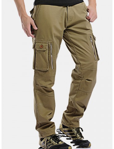 Mens Fleece Lining Thickened Outdoor Tactical Pants Multi Pockets Solid Color Casual Cargo Pants
