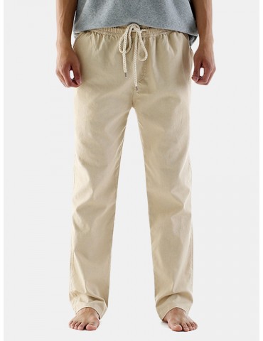 Mens Thin Linen Blend Breathable Solid Color Casual Straight Pants