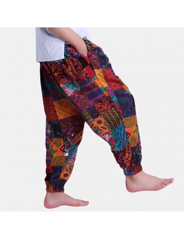 Mens Ethnic Style Printed Elastic Waist Drawstring Loose Cotton Casual Harem Pants