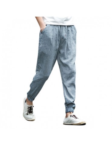 Mens Summer Breathable Cotton Linen Chinese Style Drawstring Solid Color Casual Pants