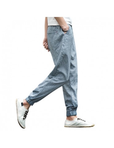 Mens Summer Breathable Cotton Linen Chinese Style Drawstring Solid Color Casual Pants