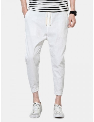 Mens Cotton Linen Solid Color Slim Fit Casual Pants