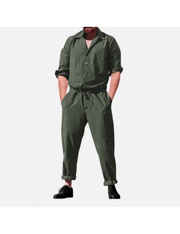 Mens Drawstring Waist Long Sleeve Solid Color Turn Down Collar Casual Jumpsuits