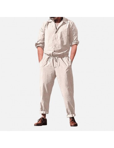 Mens Drawstring Waist Long Sleeve Solid Color Turn Down Collar Casual Jumpsuits