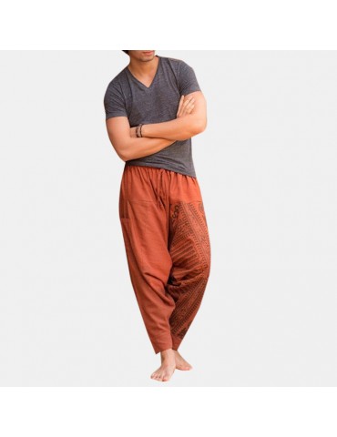 Mens National Style Cotton Loose Casual Home Wear Drawstring Harem Pants