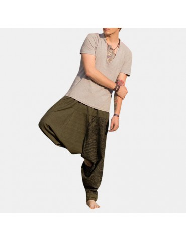 Mens National Style Cotton Loose Casual Home Wear Drawstring Harem Pants