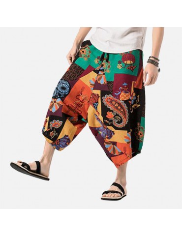 Vintage Mens Cotton Linen Harem Pants Hip Hop Baggy Wide Leg Pants Streetwear Printed Boho Trousers