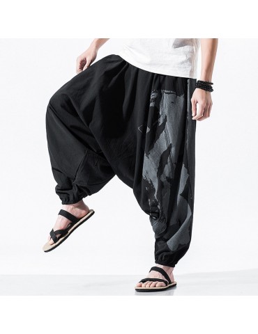 Mens National Style Loose Hanging Pants Printing Cotton Linen Casual Baggy Harem Pants