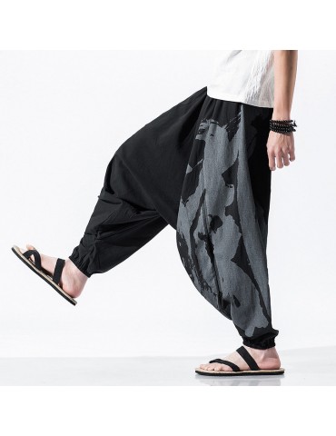 Mens National Style Loose Hanging Pants Printing Cotton Linen Casual Baggy Harem Pants