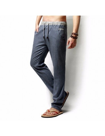 Spring Summer Mens Linen Solid Color Loose Long Trousers Flax Leisure Pants