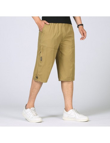 Mens 100%Cotton Multi-pocket Cargo Shorts Solid Color Loose Fit Casual Shorts
