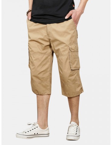 Mesn Outdoor Multi-pocket Cargo Shorts 100%Cotton Solid Color Calf-Length Casual Shorts