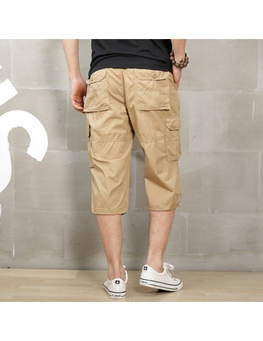 Mesn Outdoor Multi-pocket Cargo Shorts 100%Cotton Solid Color Calf-Length Casual Shorts