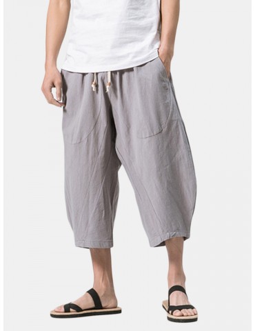Mens Summer Breathable Cotton Linen Solid Color Calf Length Baggy Loose Drawstring Casual Shorts