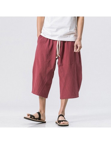 Mens Summer Breathable Cotton Linen Solid Color Calf Length Baggy Loose Drawstring Casual Shorts