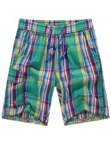 Mens Summer Quick Drying Multicolor Plaid Elastic Waist Drawstring Cotton Blend Casual Shorts