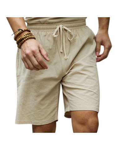 Mens Summer Cotton Linen Drawstring Solid Color Knee Length Casual Shorts