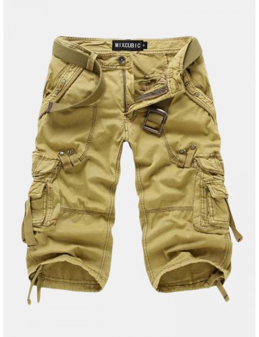 Mens Outdoor Multi-pocket Cargo Shorts Solid Color Casual Knee Length Cotton Shorts