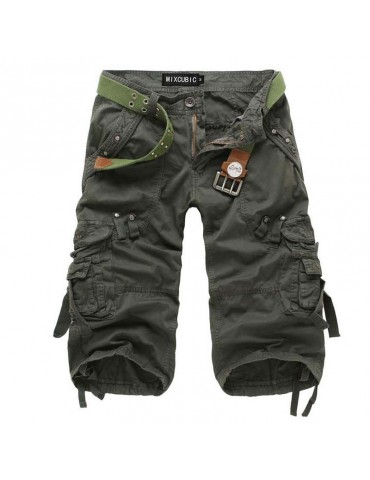 Mens Outdoor Multi-pocket Cargo Shorts Solid Color Casual Knee Length Cotton Shorts