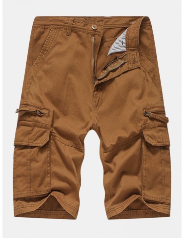 Mens Summer Breathable Cotton Cargo Shorts Solid Color Multi-pocket Knee Length Casual Shorts