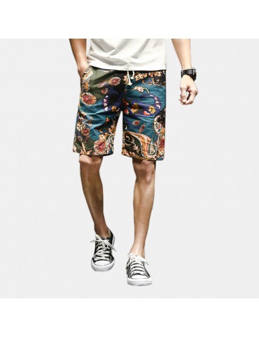 Mens Ethnic Style Printing Loose Elastic Waist Drawstring Summer Casual Shorts