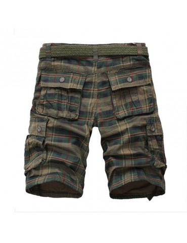 Mens Summer Multi-pocket Cotton Breathable Plaid Knee Length Casual Shorts