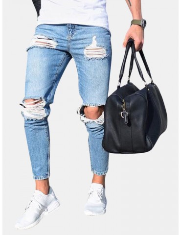 Ripped Stylish Low Waist Skinny Washed Blue Jeans For Men
