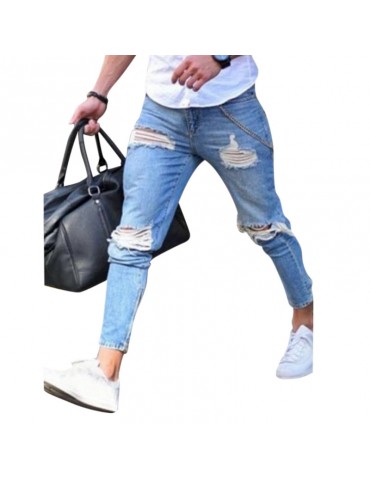 Ripped Stylish Low Waist Skinny Washed Blue Jeans For Men