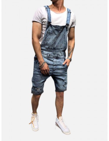 Men's Vintage Washed Denim Overalls Suspenders Ripped Casual Jeans Shorts