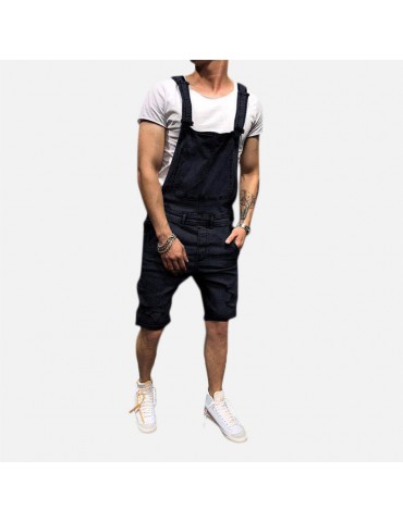 Men's Vintage Washed Denim Overalls Suspenders Ripped Casual Jeans Shorts