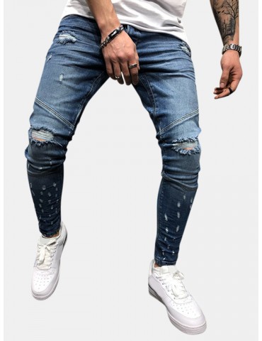 Men's Trendy Stitching Holes Zipper Design Washed Casual Slim Jeans
