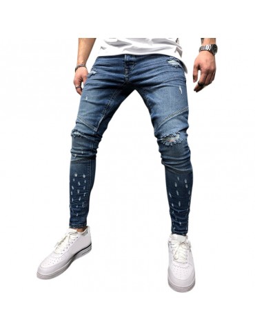 Men's Trendy Stitching Holes Zipper Design Washed Casual Slim Jeans