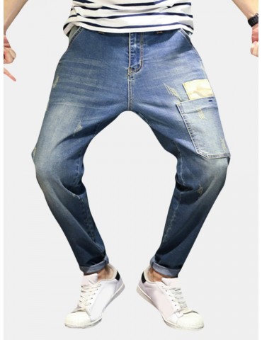 Men's Elastic Harem High Waist Zipper Fly Wash Stone Casual Jeans