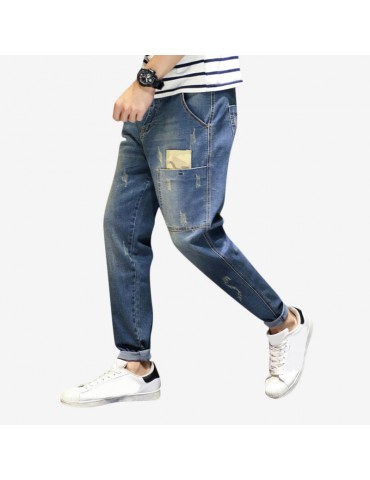 Men's Elastic Harem High Waist Zipper Fly Wash Stone Casual Jeans