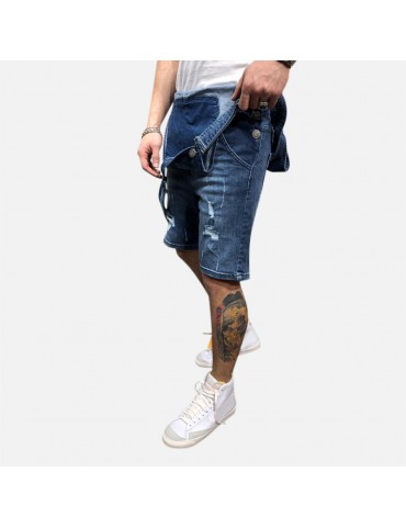 Mens Washed Denim Overalls Suspenders Bore Ripped Casual Jeans Shorts