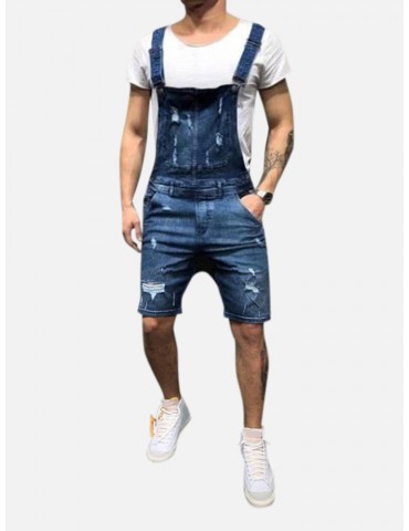 Men's Washed Denim Overalls Suspenders Bore Ripped Casual Jeans Shorts