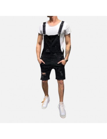 Men's Washed Denim Overalls Suspenders Bore Ripped Casual Jeans Shorts