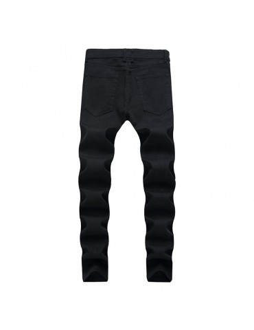 Mens Fashion Breathable Fold Holes Zipper Washed Cotton Slim Casual Black Jeans