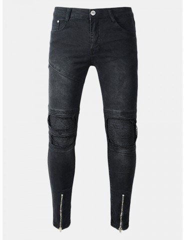 Black Biker Fold Holes Zipper Slim Ripped Jeans for Men
