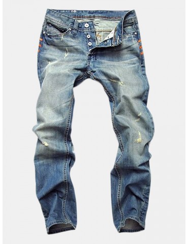 Casual Ripped Fold Stitching Straight Washed Jeans For Men