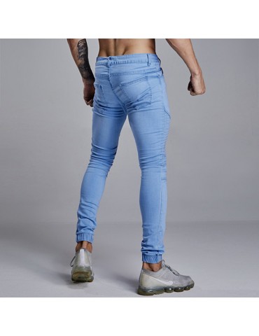 Stylish Skinny Long Pants Fold Pure Color Cotton Jeans for Men