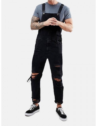 Mens Denim Ripped Solid Color Ankle Lenght Jumpsuits Suspenders